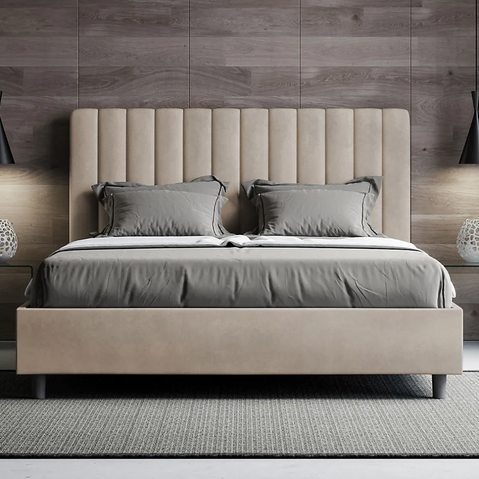 Ityhome Lit avec sommier rembourré 160x200 Agueda sable microfibre