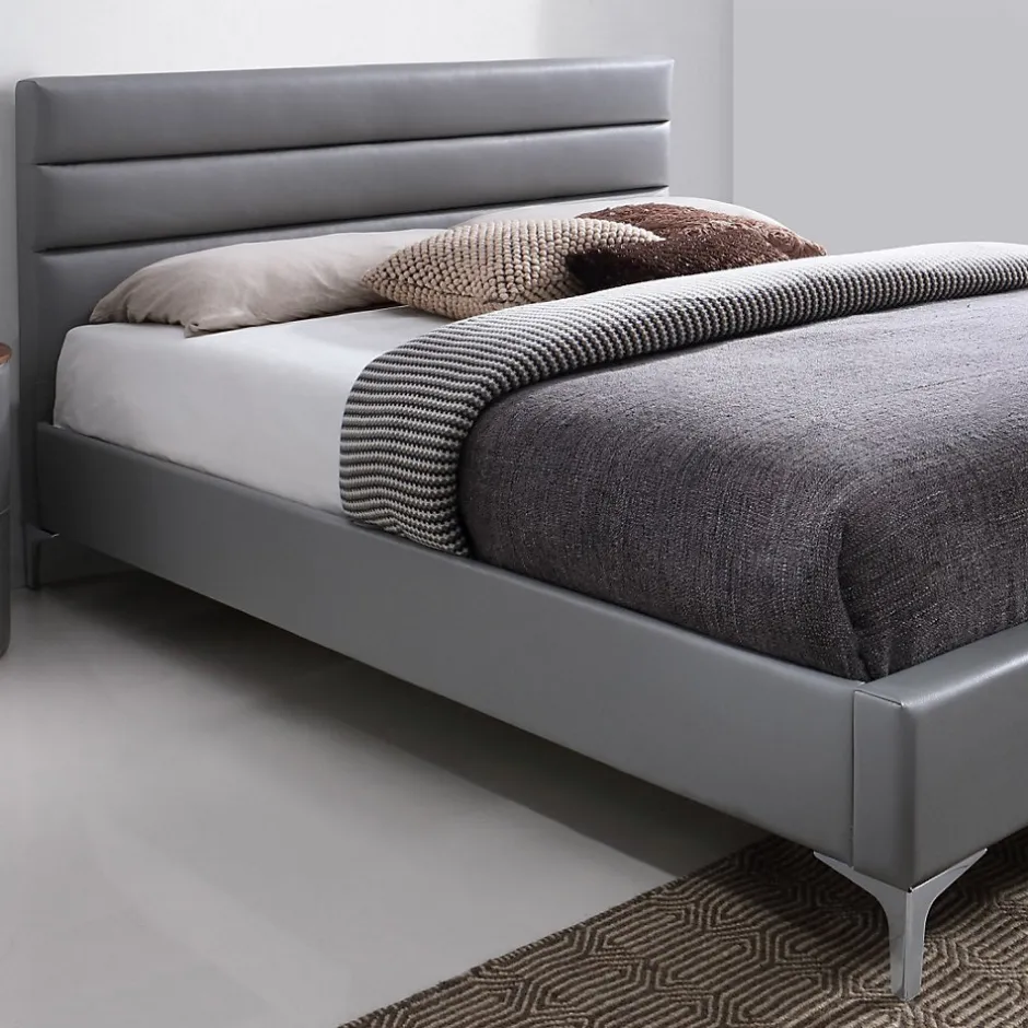 Meublorama Lit avec sommier THOMAS 160x200 en simili cuir, coloris gris 215 x 99,5 x 165 cm