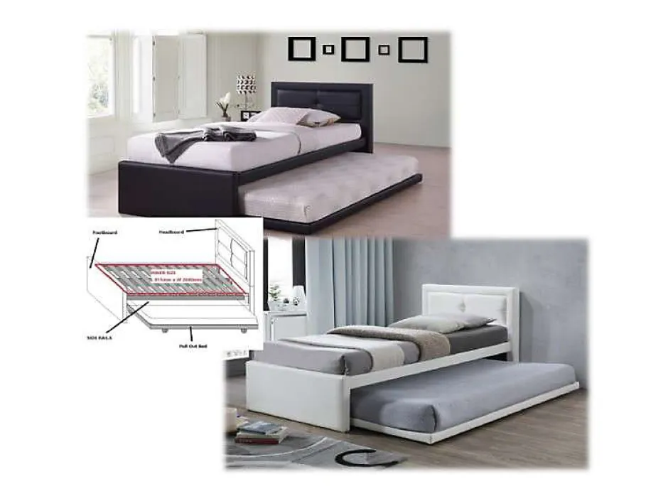 Meublorama Lit avec tiroir-lit RODAN 90x200 cm en simili cuir coloris noir, sommier inclus.