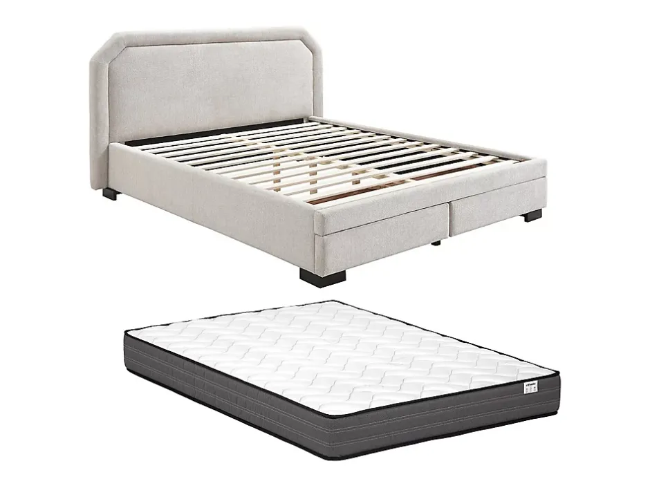 Vente-unique Lit avec tiroirs 160 x 200 cm - Tissu - Beige + Matelas - INASTO