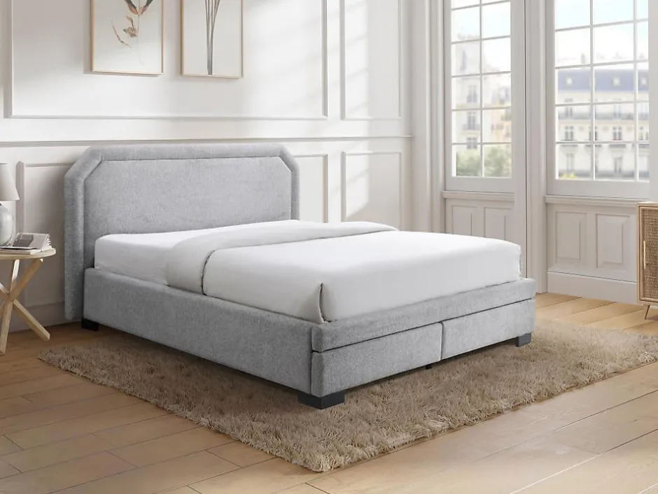 Vente-unique Lit avec tiroirs 140 x 190 cm - Tissu - Gris clair - INASTO