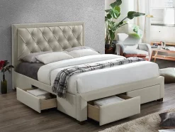 Vente-unique Lit avec tiroirs 180 x 200 cm - Tissu velours - Beige + Matelas - LEOPOLD New