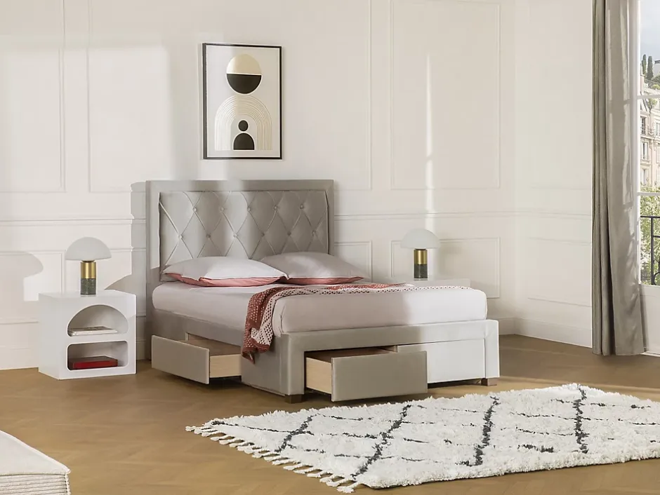 Vente-unique Lit avec tiroirs 180 x 200 cm - Tissu velours - Beige + Matelas - LEOPOLD New