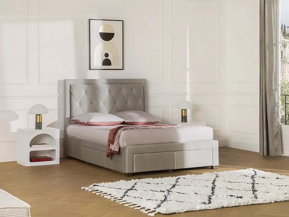 Vente-unique Lit avec tiroirs 180 x 200 cm - Tissu velours - Beige - LEOPOLD Outlet