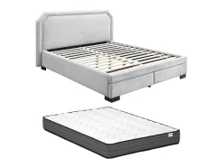 Vente-unique Lit avec tiroirs 140 x 190 cm - Tissu - Gris clair + Matelas - INASTO