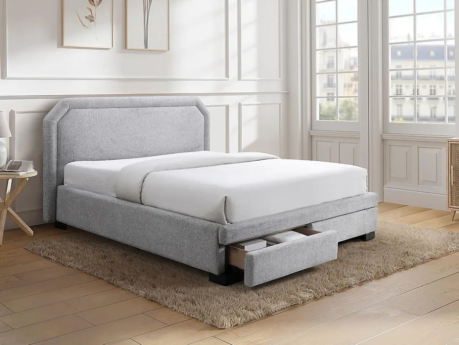 Vente-unique Lit avec tiroirs 140 x 190 cm - Tissu - Gris clair + Matelas - INASTO