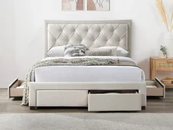 Vente-unique Lit avec tiroirs 160 x 200 cm - Tissu - Beige + Matelas - LEOPOLD