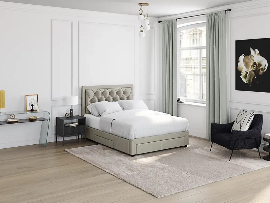 Vente-unique Lit avec tiroirs 140 x 190 cm - Tissu velours - Beige - LEOPOLD Online