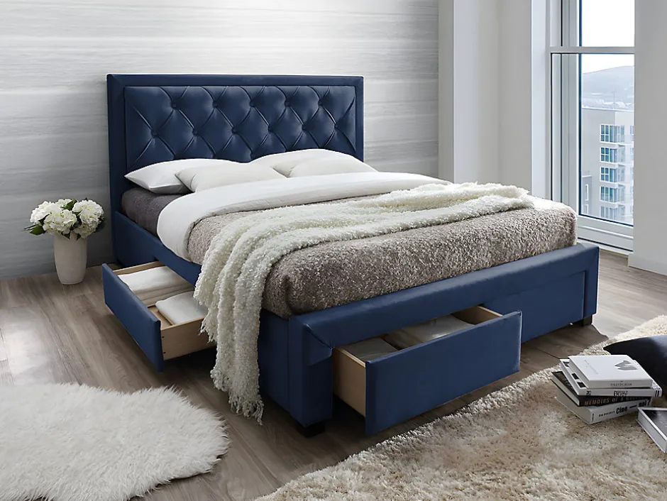 Vente-unique Lit avec tiroirs 160 x 200 cm - Tissu velours bleu + Matelas - LEOPOLD New