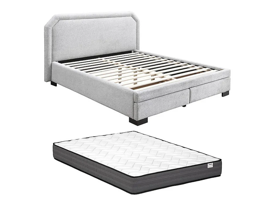 Vente-unique Lit avec tiroirs 180 x 200 cm - Tissu - Gris clair + Matelas - INASTO
