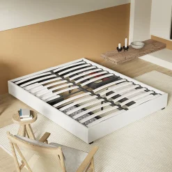 November Lit avec tiroirs 140 x 190 cm, Sommier à lattes en bois, Cadre en tissu blanc