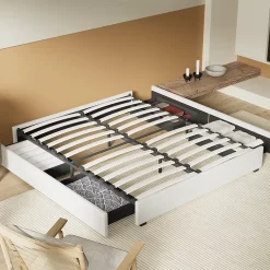 November Lit avec tiroirs 140 x 200 cm, Sommier à lattes en bois, Cadre en tissu blanc Outlet