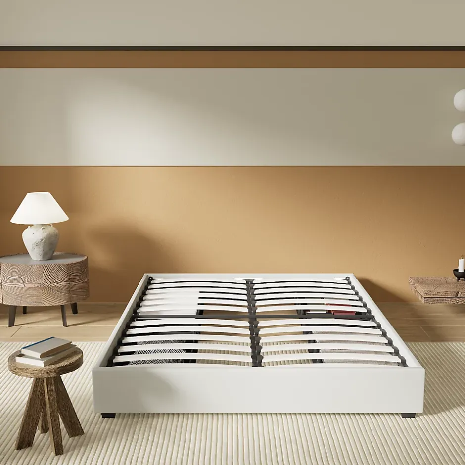 November Lit avec tiroirs 140 x 200 cm, Sommier à lattes en bois, Cadre en tissu blanc Outlet