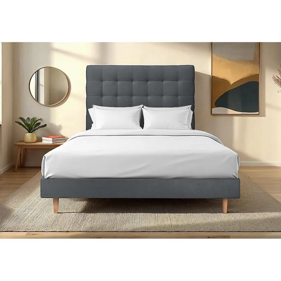 Sommeil De Plomb Lit avec tête de lit capitonnée velours et sommier kit - Lit en bois massif Discount