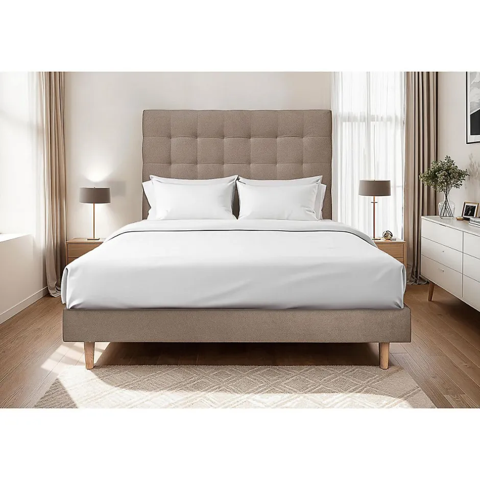 Sommeil De Plomb Lit avec tête de lit capitonnée velours et sommier kit - Lit en bois massif
