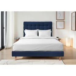 Sommeil De Plomb Lit avec tête de lit capitonnée velours et sommier - Lit en bois massif