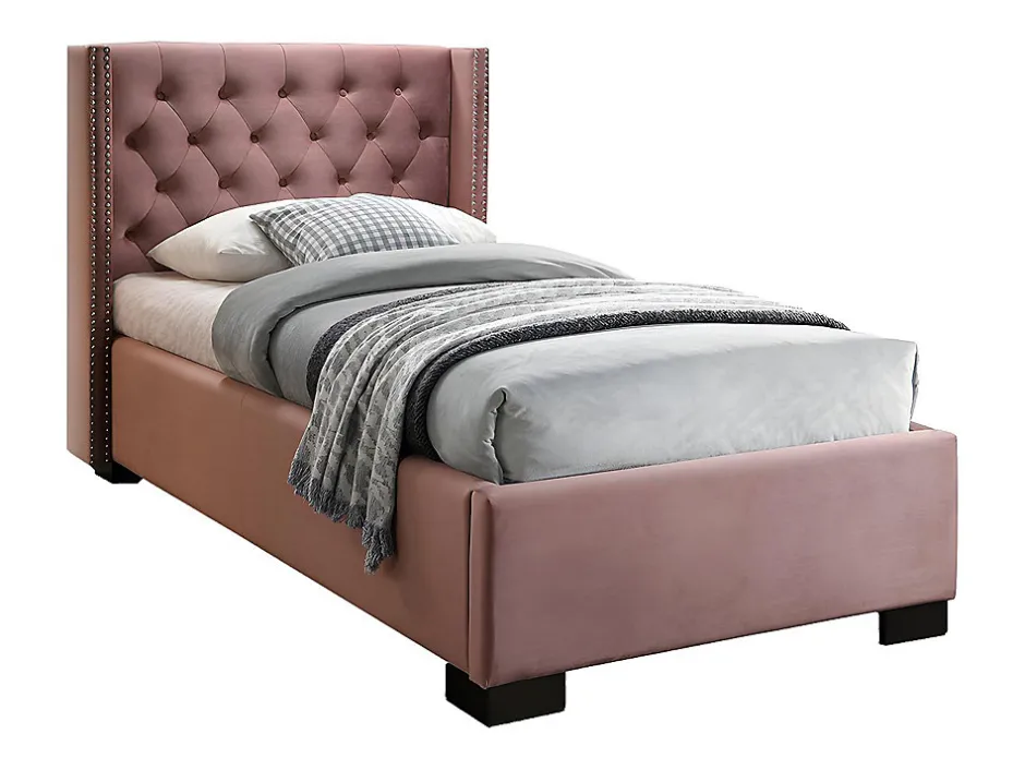 Enfant Vente-unique Lit avec tête de lit capitonnée - 90 x 200 cm - Velours rose - MASSIMO II