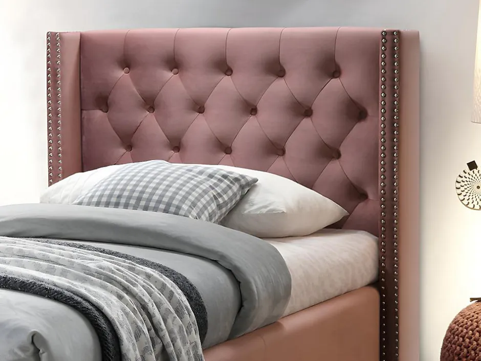 Enfant Vente-unique Lit avec tête de lit capitonnée - 90 x 200 cm - Velours rose - MASSIMO II
