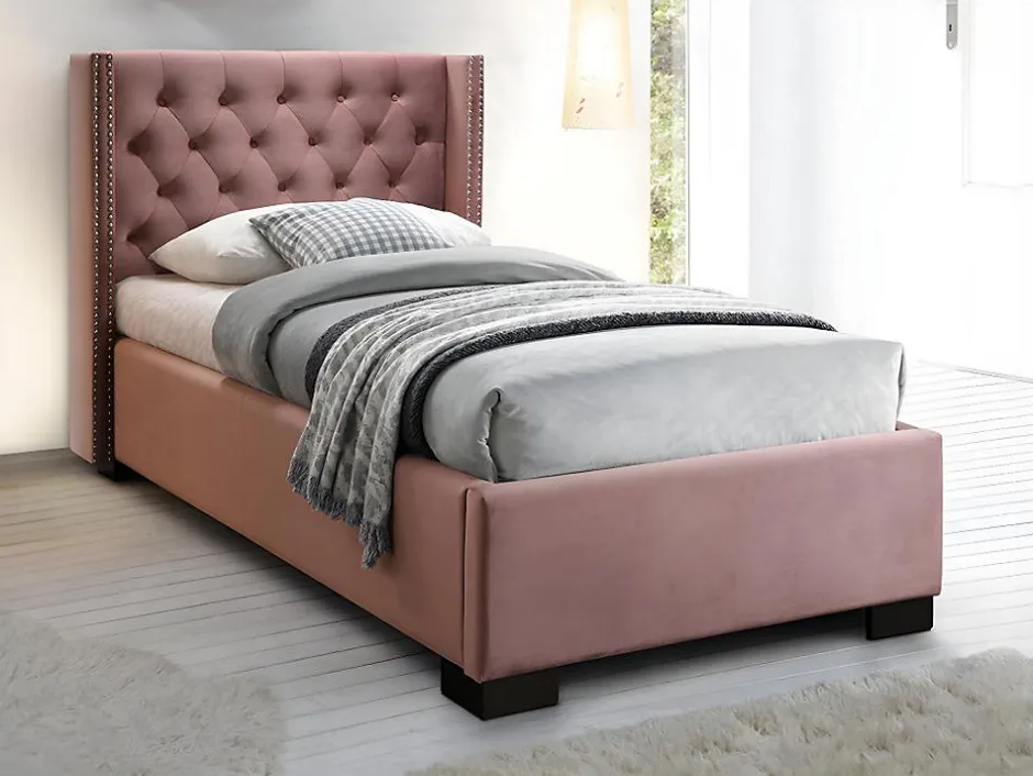 Enfant Vente-unique Lit avec tête de lit capitonnée - 90 x 200 cm - Velours rose - MASSIMO II