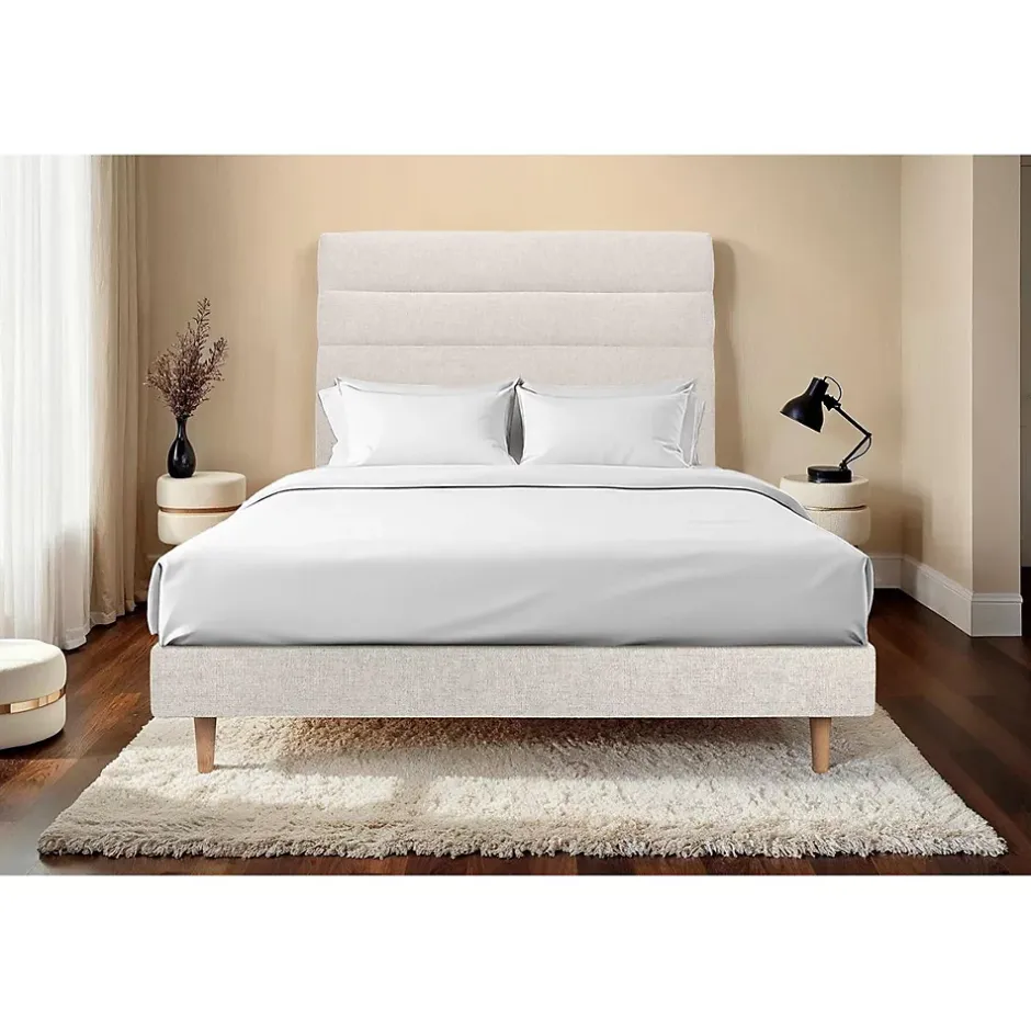 Sommeil De Plomb Lit avec tête de lit lignes tissu et sommier kit - Lit en bois massif Sale