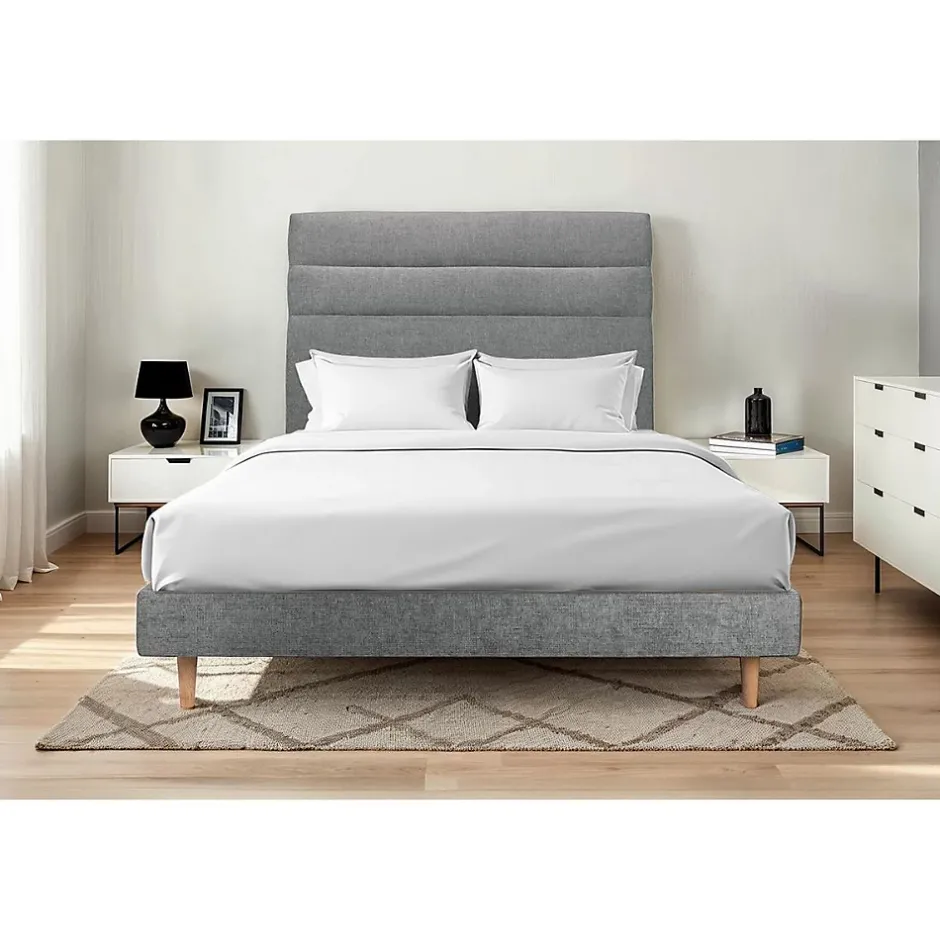 Sommeil De Plomb Lit avec tête de lit lignes tissu et sommier kit - Lit en bois massif Online