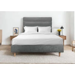 Sommeil De Plomb Lit avec tête de lit lignes tissu et sommier tapissier - Lit en bois massif Sale