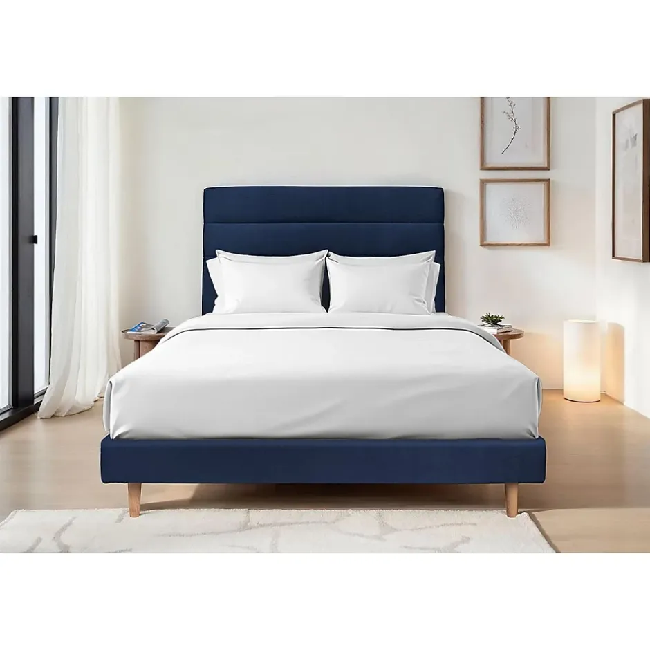 Sommeil De Plomb Lit avec tête de lit lignes velours et sommier tapissier - Lit en bois massif Hot
