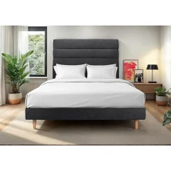 Sommeil De Plomb Lit avec tête de lit lignes tissu et sommier kit - Lit en bois massif