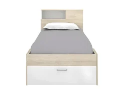 Vente-unique Lit avec tête de lit rangements et tiroir - 90 x 190 cm - Blanc et Naturel + matelas + sommier - LEANDRE