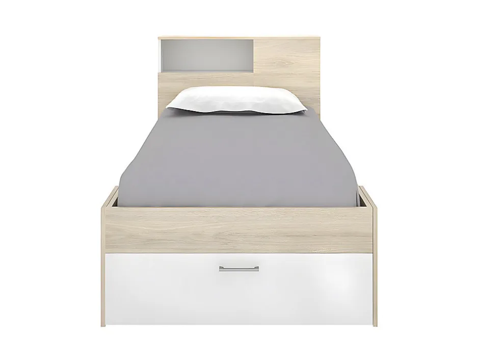 Vente-unique Lit avec tête de lit rangements et tiroir - 90 x 190 cm - Blanc et Naturel + matelas + sommier - LEANDRE
