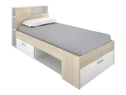 Vente-unique Lit avec tête de lit rangements et tiroir - 90 x 190 cm - Blanc et Naturel + matelas + sommier - LEANDRE