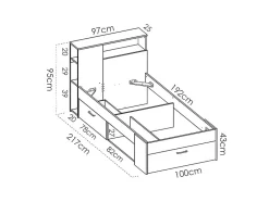 Vente-unique Lit avec tête de lit rangements et tiroir - 90 x 190 cm - Blanc et Naturel + matelas + sommier - LEANDRE