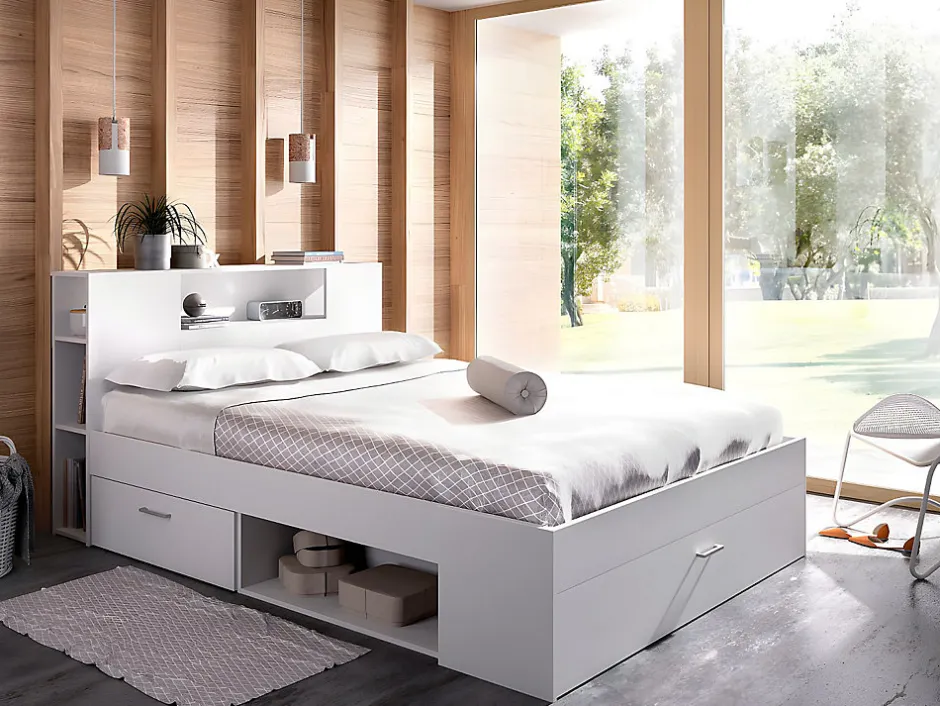 Vente-unique Lit avec tête de lit rangements et tiroirs - 160 x 200 cm - Coloris : Blanc + Sommier + Matelas - LEANDRE