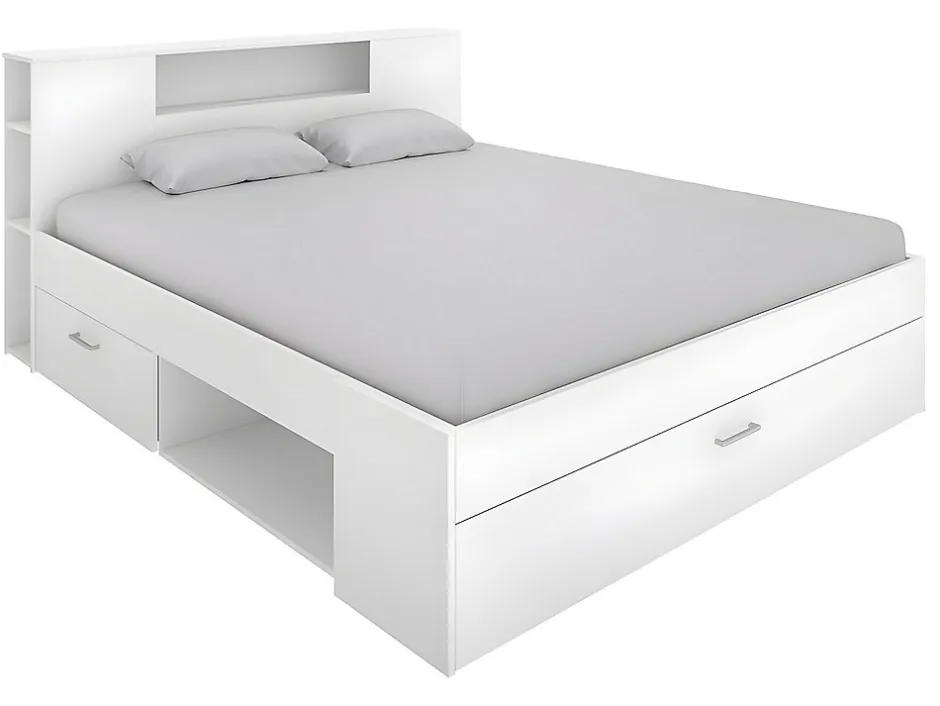 Vente-unique Lit avec tête de lit rangements et tiroirs - 160 x 200 cm - Coloris : Blanc + Sommier + Matelas - LEANDRE