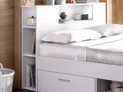 Vente-unique Lit avec tête de lit rangements et tiroirs - 160 x 200 cm - Coloris : Blanc + Sommier + Matelas - LEANDRE
