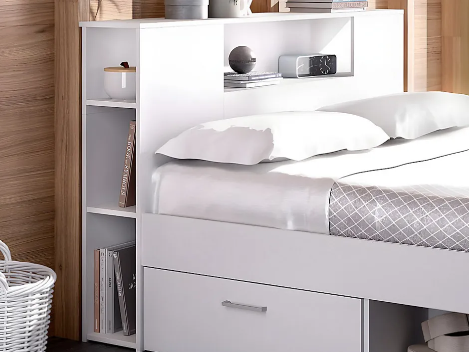 Vente-unique Lit avec tête de lit rangements et tiroirs - 160 x 200 cm - Coloris : Blanc + Sommier + Matelas - LEANDRE