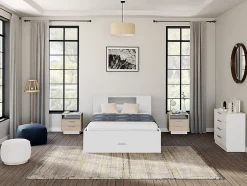 Vente-unique Lit avec tête de lit rangements et tiroirs - 160 x 200 cm - Coloris : Blanc + Sommier + Matelas - LEANDRE