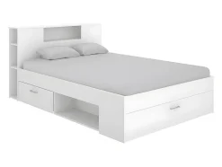 Vente-unique Lit avec tête de lit rangements et tiroirs - 140 x 190 cm - Coloris : Blanc - LEANDRE Outlet