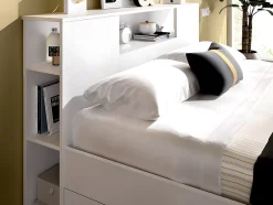 Vente-unique Lit avec tête de lit rangements et tiroirs - 140 x 190 cm - Coloris : Blanc - LEANDRE Outlet