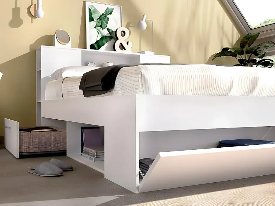 Vente-unique Lit avec tête de lit rangements et tiroirs - 140 x 190 cm - Coloris : Blanc - LEANDRE Outlet