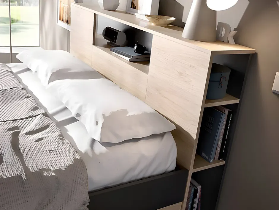 Vente-unique Lit avec tête de lit rangements et tiroirs - 140 x 190 cm - Coloris : Naturel et anthracite + Sommier - LEANDRE Clearance