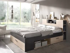 Vente-unique Lit avec tête de lit rangements et tiroirs - 140 x 190 cm - Coloris : Naturel et anthracite + Sommier - LEANDRE Clearance