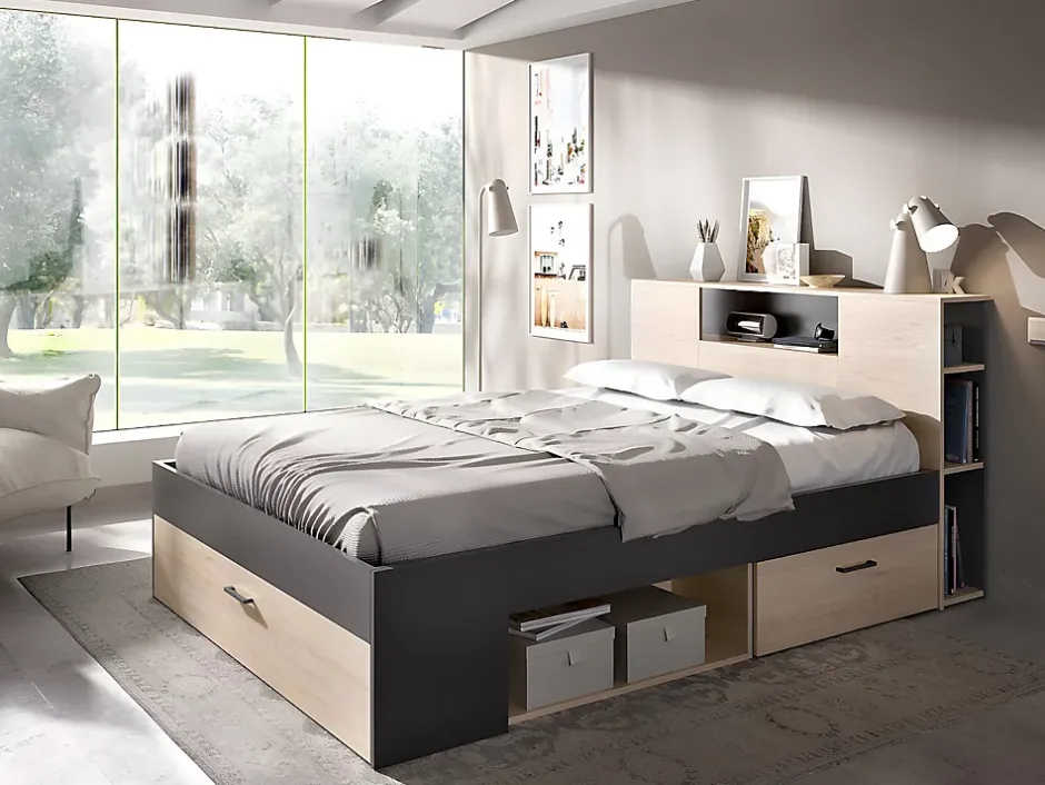 Vente-unique Lit avec tête de lit rangements et tiroirs - 140 x 190 cm - Coloris : Naturel et anthracite + Sommier - LEANDRE Clearance