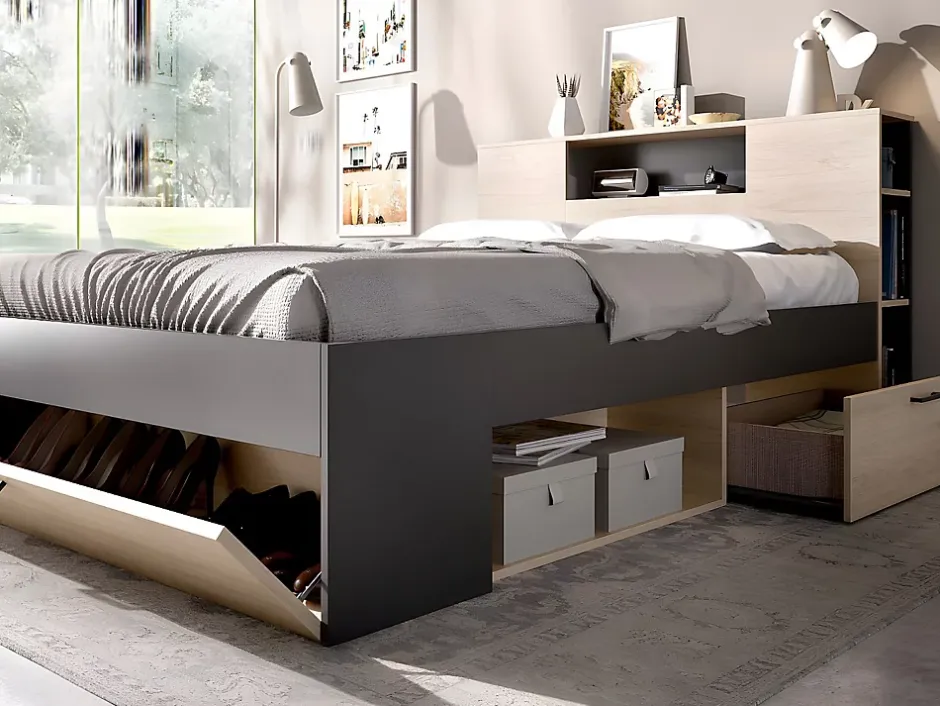 Vente-unique Lit avec tête de lit rangements et tiroirs - 140 x 190 cm - Coloris : Naturel et anthracite + Sommier - LEANDRE Clearance