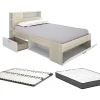 Vente-unique Lit avec tête de lit rangements et tiroir - 120 x 190 cm - Naturel et blanc + Sommier + Matelas - LEANDRE