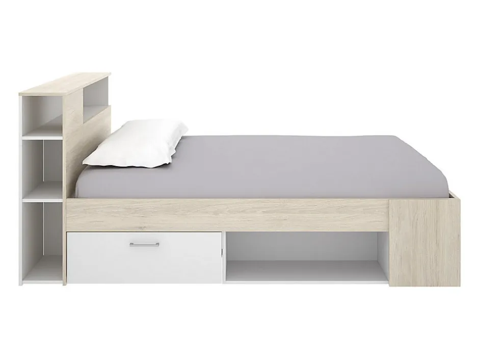 Vente-unique Lit avec tête de lit rangements et tiroir - 120 x 190 cm - Naturel et blanc + Sommier + Matelas - LEANDRE