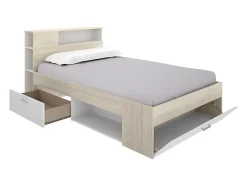 Vente-unique Lit avec tête de lit rangements et tiroir - 120 x 190 cm - Naturel et blanc + Sommier + Matelas - LEANDRE