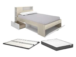 Vente-unique Lit avec tête de lit rangements et tiroir - 120 x 190 cm - Naturel et blanc + Sommier + Matelas - LEANDRE