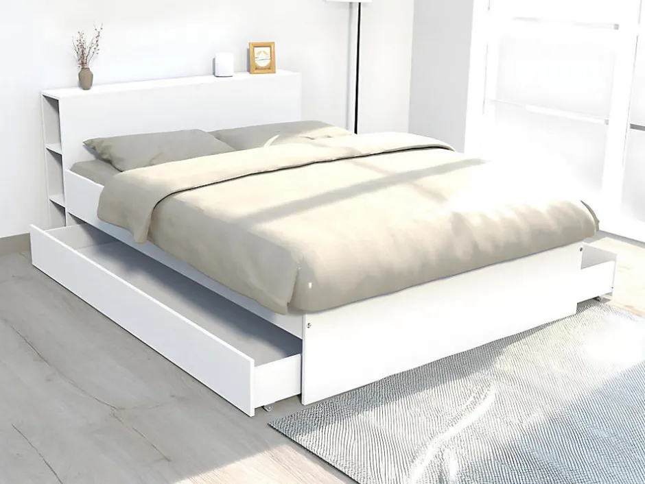 Vente-unique Lit avec tête de lit rangements et tiroirs 160 x 200 cm - Blanc - EUGENE Sale
