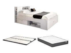 Vente-unique Lit avec tête de lit rangements et tiroirs - 140 x 190 cm - Coloris : Blanc + Sommier + Matelas - LEANDRE Best
